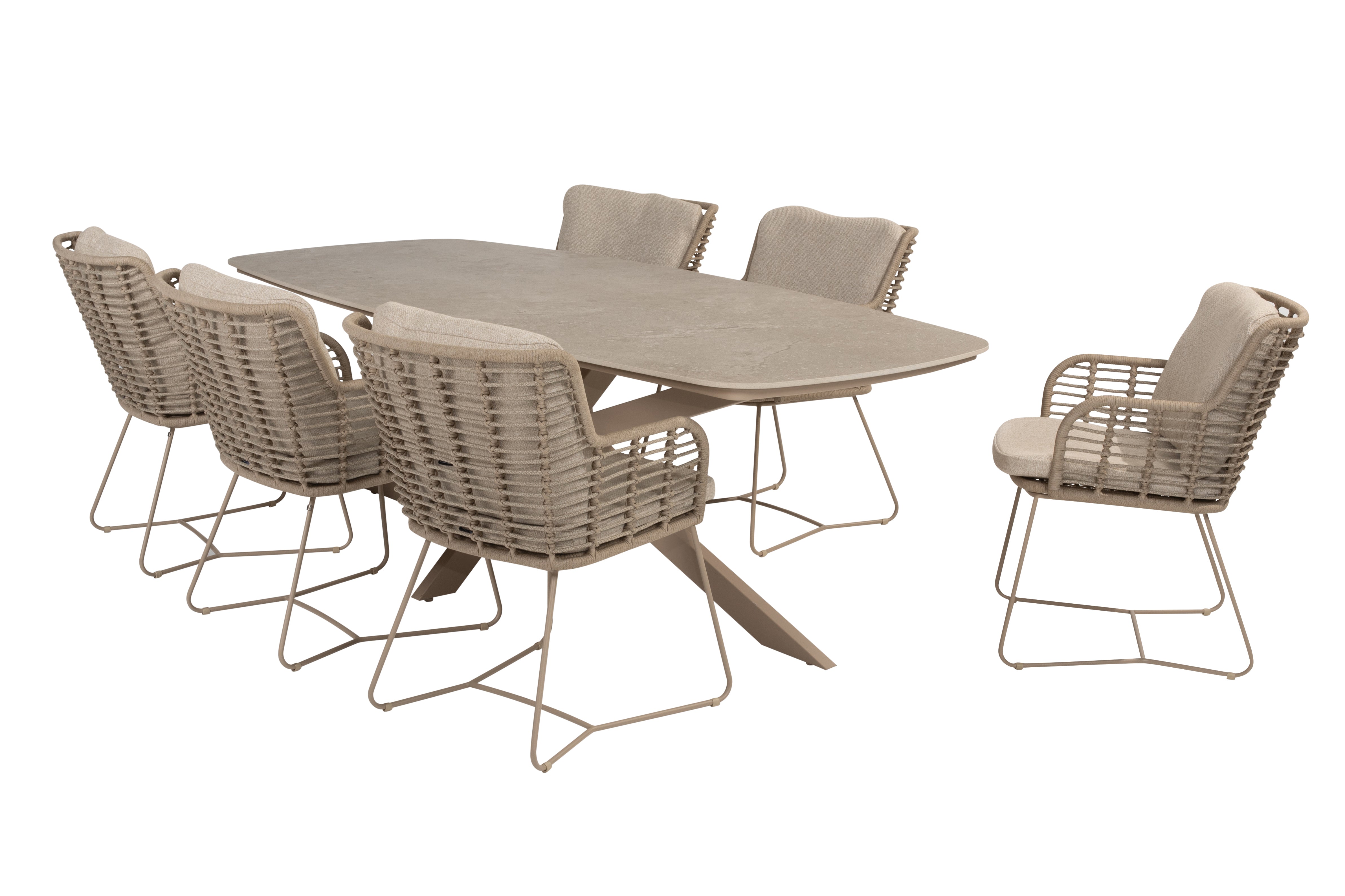 4 Seasons Outdoor Diningset Fabrice latte-Prado barrel 240x105cm 7-delig